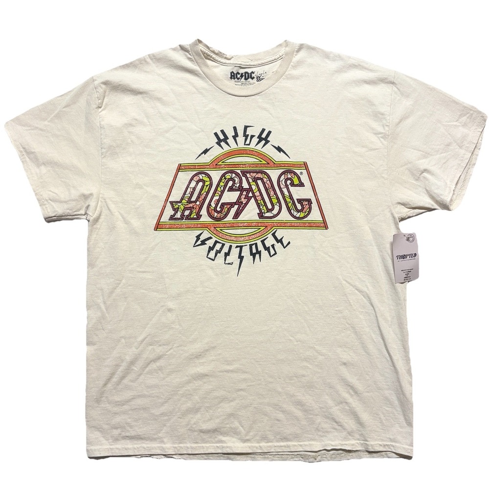 NWT AC/DC High Voltage T-Shirt L Cream Graphic Tee Retro Rock Band Distress ACDC